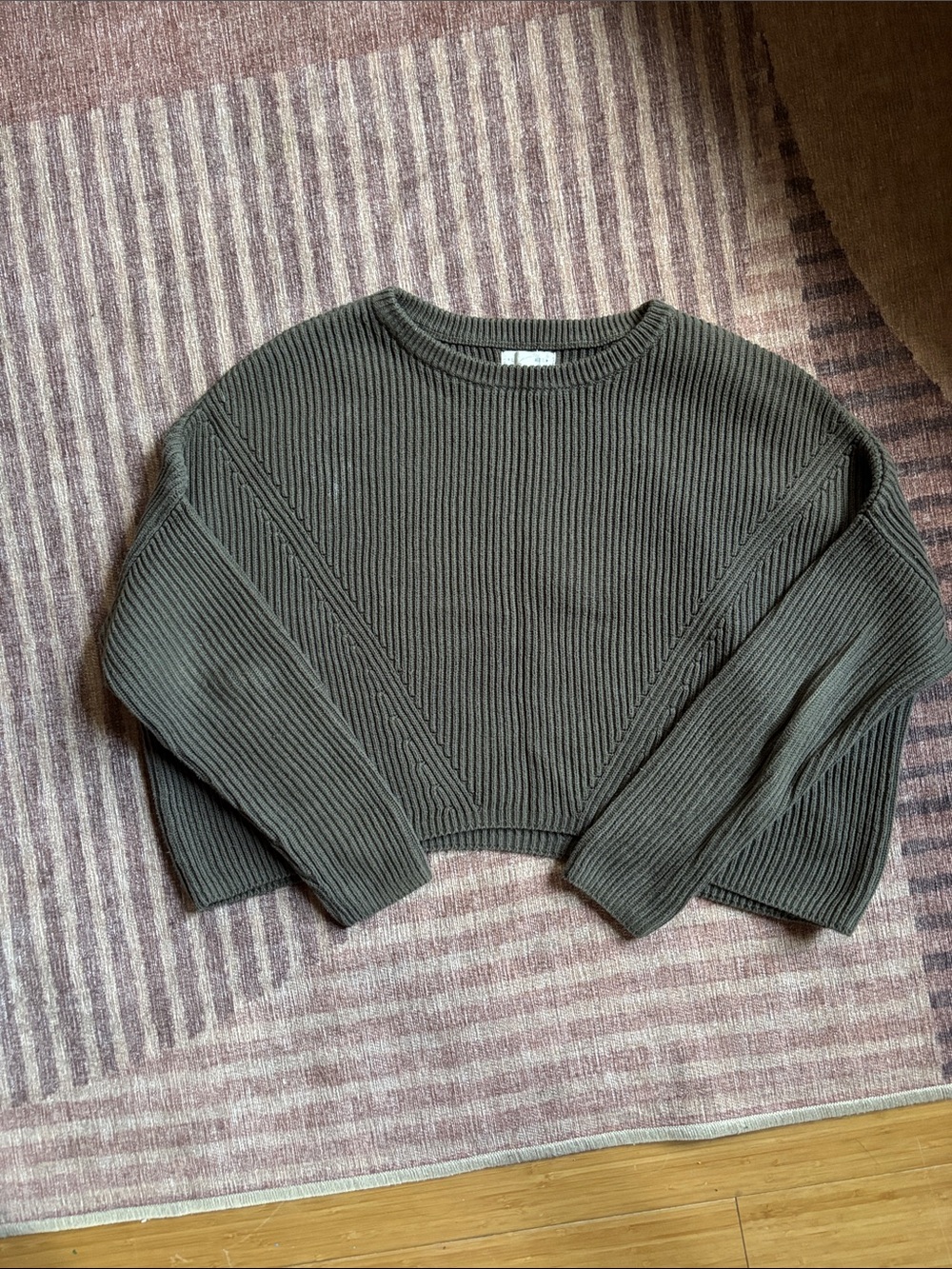 La Hearts Cropped Ribbed Crewneck Sweater - Forest Green